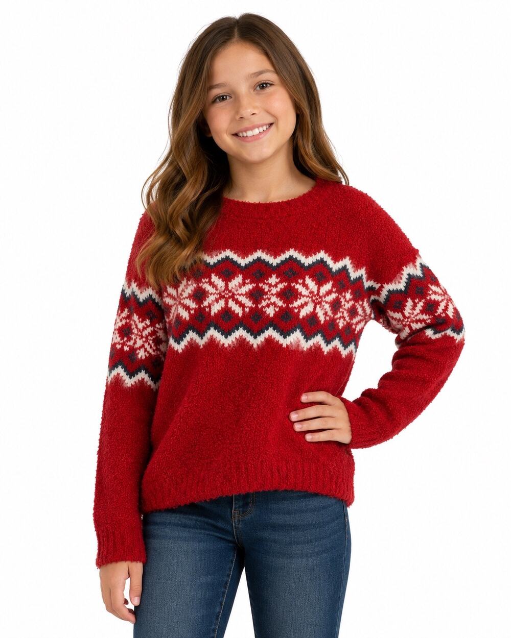 NWT Girls Medium 7/8 Red Art Class Fuzzy Christmas Sweater Holiday Fair Isle